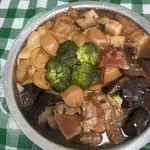 Abalone Pan Cai Treasures (Abalone, Pork Tendon, Dried Scallop, Sea Cucumber, Dried Oyster, Roasted Duck, Roasted Pork Belly, Braised Mushroom, Radish,Bean Curd Skin) 鲍鱼盆菜 (鲍鱼,蹄筋,干贝,海参,蚝干, 烧鸭,烧肉,香菇,白萝卜,腐竹)
