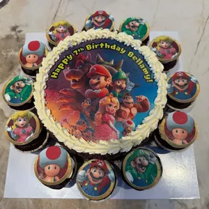 TNB20 Mario Team Bundle (Size: Classic (7" Cake + 12 Cupcakes)) (Eggless: No) (Flavour: Chocolate) (Big candles: None) (Small candles: 9) (Message On Cake: (Short & Sweet): Yes (do write the message in the ordering form, under comments box))