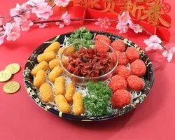 Fortune Trio Platter (Baby Octopus, Crispy Shrimp Prawn Ball, Mini Breaded Mozzarella Cheese Stick 小八爪鱼, 荔枝脆虾球, 香脆奶酪芝士棒) | Customer Photo | ECreative Catering Pte Ltd