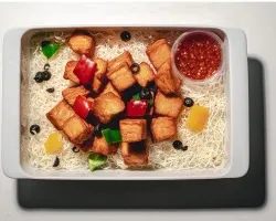 Cod Fish Tofu Bites<br> Fish meat tofu cubes, tri colour capsicum, thai chilli sauce<br> Contains allium and dairy, pescatarian | Customer Photo | Grain