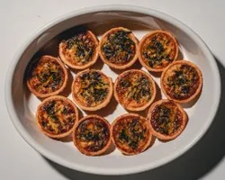 Spinach and Mushroom Quiche<br> bite-sized base, button mushroom, cheddar <br>Vegetarian, Contains wheat, egg, allium and dairy | Customer Photo | Grain