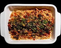 Sofrito Tomato Linguine<br>tomato mirepoix concasse, caper olive herb oil | Customer Photo | Grain