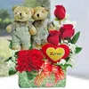 Click to see more photos of BR163: 10cm Couple Bear with 3 Red Roses small table arrangement